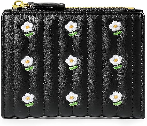 Small Wallet for Girls Women Tri-folded Wallet Cash Pocket Card Holder Coin Purse with ID Window elegant youthful and cute-flowers-balck
