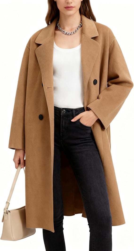 Long Coat for Women Fall Winter Wool Coats Double Breasted Midi Peacoat Trench Coats Outwear