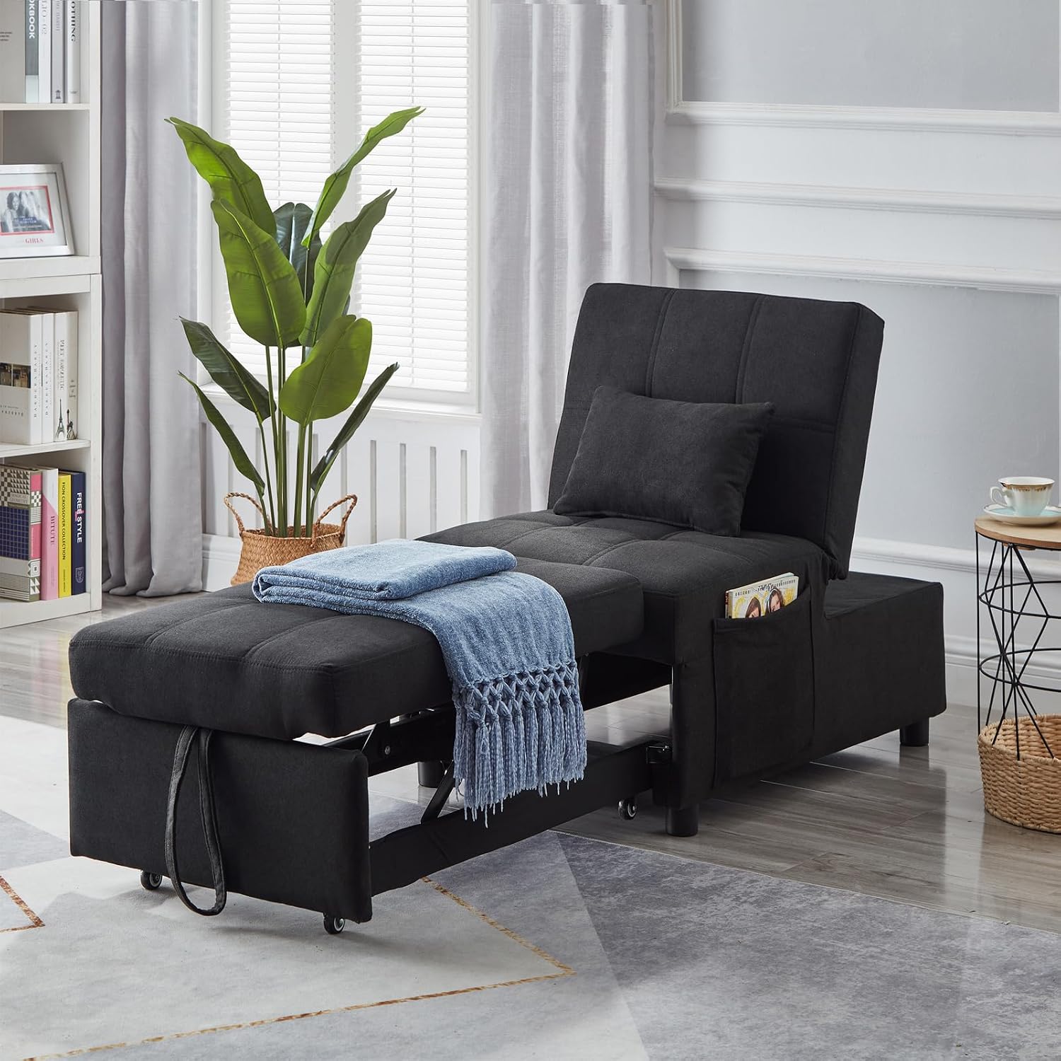 Sleeper Chair, 3-1 Convertible Chair Bed Pull Out Single Sofa Bed with Adjustable Backrest, 1 Pillows, Side Pocket, Living Room Bed Room Furniture, for Space Saving, Apartment, Office Black