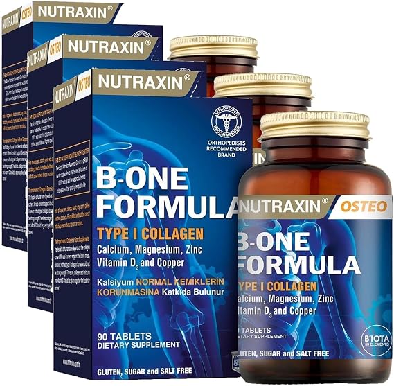 Nutraxin Bone Formula Calcium Magnesium + Collagen – 90 Tablet: Tip I Kolajen, Kalsiyum, D Vitamini, Magnezyum, Çinko & Bakır İçeren Takviye (3 paketi)