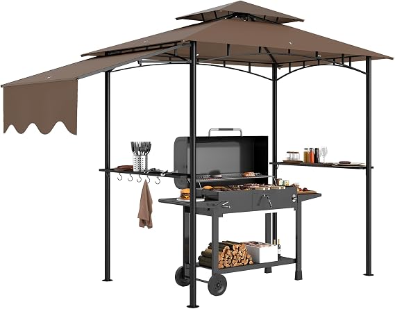 Outsunny 8' x 5' Grill Gazebo Double Tiered Side Awning 6 Hooks Brown