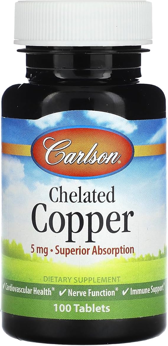 Carlson - Chelated Copper, 5 mg, Superior Absorption, Cardiovascular Health, Nerve Function & Immune Support, 100 Tablets
