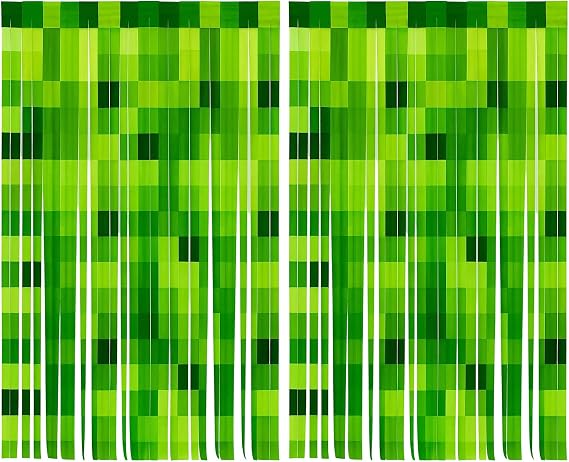 Miner Theme Green Pixel Foil Tassel Curtains, Video Game Door Streamers for Gaming Birthday Party Decorations, 2 Pack Green Foil Fringe Curtains Pixel Birthday Backdrop
