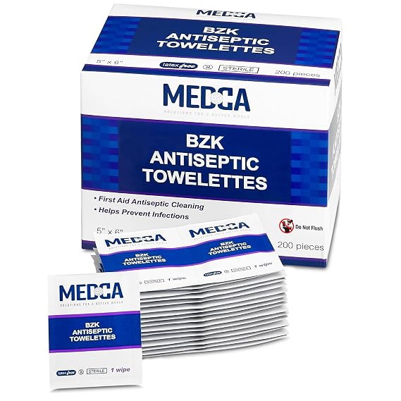 Benzalkonium Chloride Towelletes Hand Wipes (Pack of 200) Chloride Swabs Individual BZK Single-Use Packets by MEDca 5"x6"