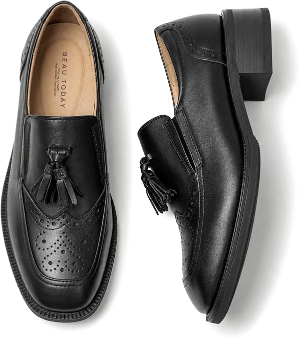 BEAU TODAY Women's Leather Tassel Loafers, Brogue Wingtip Slip On Shoes
