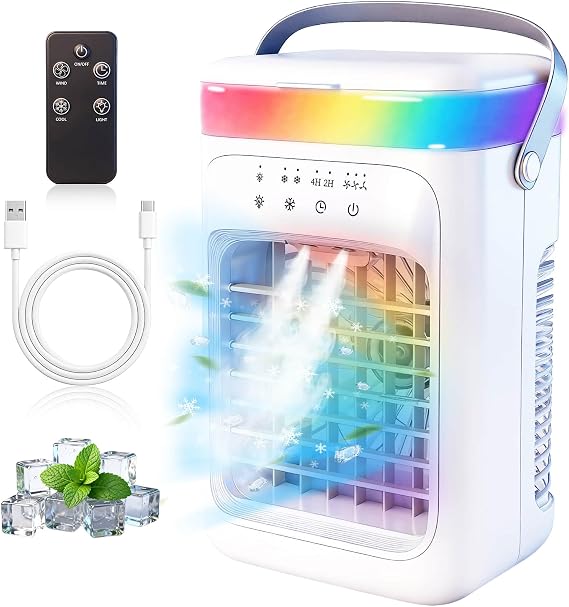 2026 New 4-in-1 Portable Air Conditioner, Sound 30dB Mini AC Unit, 12H Runtime, 1000ML Evaporative Air Cooler, 3 Speed & 2 Mist, Remote, USB, Timer, 7-Color LED for Bedroom Office Car - 1 PCS
