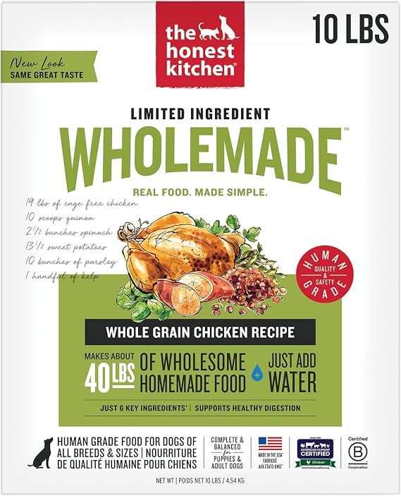 The Honest Kitchen Human Grade WholemadeTM Dehydrated Dog Food, Limited Ingredient Dog Food, Chicken, 10 lb (makes 40lbs)