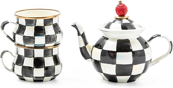 MACKENZIE-CHILDS Enamel Tea Party Set, Black-and-White Courtly Check