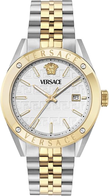 Versace Athletic Collection Luxury Mens Watch Timepieces with a Two Tone Bracelet and Case Featuring a White Dial