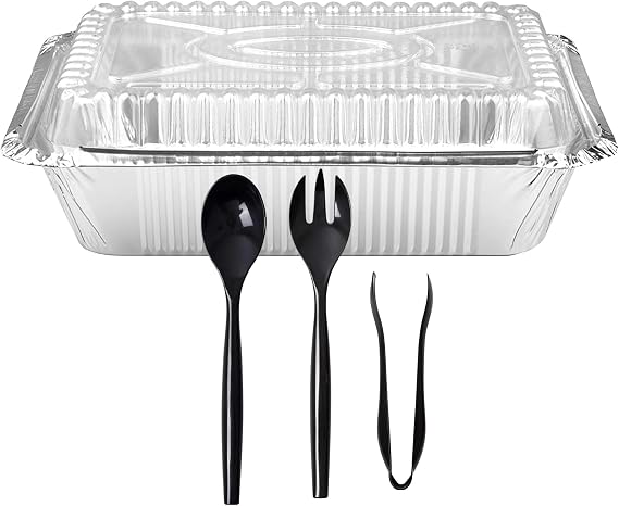 9 x 13 Half Size Disposable Aluminum Pan with Dome Lids along with 3 PCS of Serving Utensils - Versatile Food Containers - Eco-Friendly & Durable - Set of 10