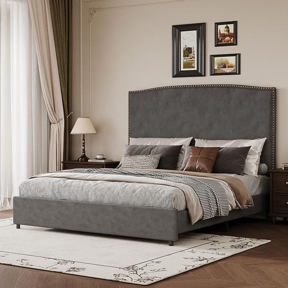 BarnFurin Queen Size Chenille Bed Frame with 56" Tall Headboard, Grey | Upholstered Platform Bed with Nailhead Trim Headboard, Soft Boucle Fabric, No Box Spring Required, Easy Assembly, Grey