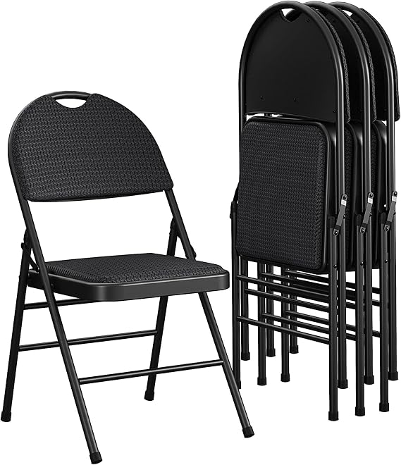 COSCO Commercial XL Comfort Fabric Padded Metal Folding Chair with Contoured Seat Back, 300 lb. Weight Rating, Triple Braced, Black, 4-Pack