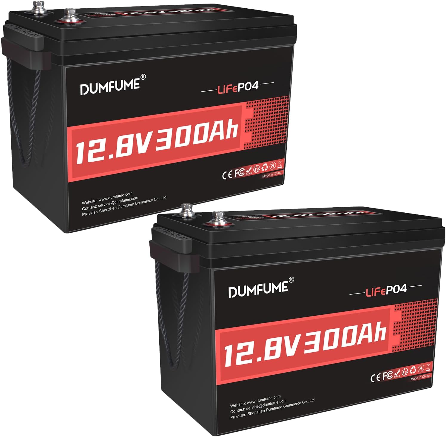 Dumfume Pack of 2 12 V 300 Ah Lithium LiFePO4 Battery 200 A BMS 3840 W Rechargeable Lithium Battery 15000 Cycles for Solar Energy Storage Backup Power Supply Motorhome