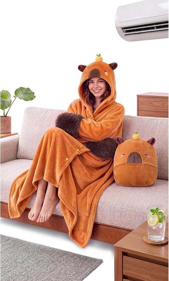 Mewaii Capybara Gifts Wearable Blanket Hoodie Soft Flannel Capybara Blanket | Full-Body Coverage, Hands-Free Design, Machine Washable, For Home, Camping, Study & Lounging, Gift for Women & Animal Lovers