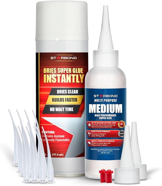 Starbond Medium CA Glue with Activator Bundle (4 oz. + 6 oz.) Premium Cyanoacrylate Super Glue with Accelerator Kit for Quick Repair, Woodworking, Woodturning, Crafts, Models & 3D Printing