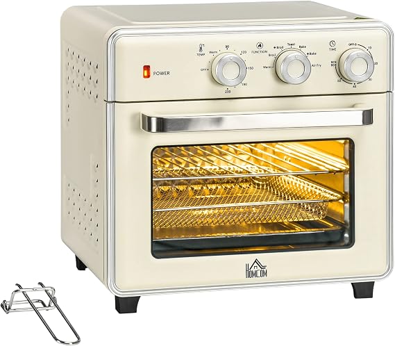HOMCOM Mini Oven with Convection Air 20 L Mini Oven with Baking Tray 1400 W White Metal cooking grate and crumb tray 90°C - 230°C hot air fryer with 5 modes frying basket 60 minutes. timers