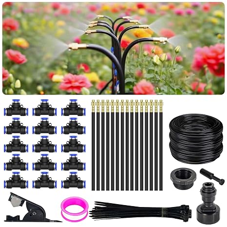 360° Adjustable Irrigation System Kit - Garden Watering System 15M/50FT with 15 Nozzles, Drip Irrigation Kit for Garden, Yard, Lawn, Greenhouse, Plants, 5/16 inch Hose