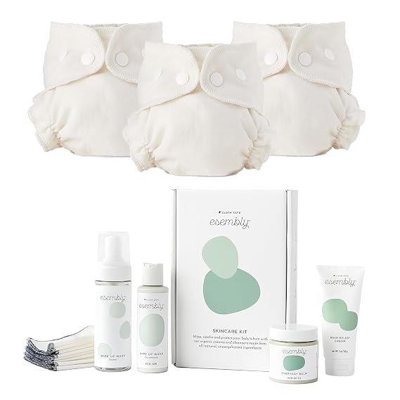 Esembly Diapering and Skincare Essentials Bundle | Cloth Diaper Inners (3-Pack, Size 2) and Skincare Kit