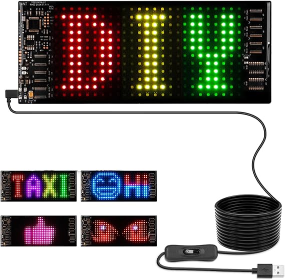 Flexible Car LED Sign Programmable Scrolling Text & Animation Display, USB Powered, APP-Controlled LED Panel for Taxi, Shops, Bars, Parties, Weddings, Festivals 7"x3" RGB Matrix