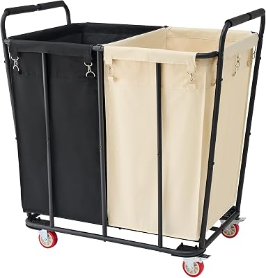 Hoctieon 2 Section Laundry Sorter Cart, 400L Rolling Hamper with Wheels, Industrial Laundry Basket Organizer, Extra Large Dirty Clothes Hamper for Home & Hotel, Heavy Duty, BlackBeige