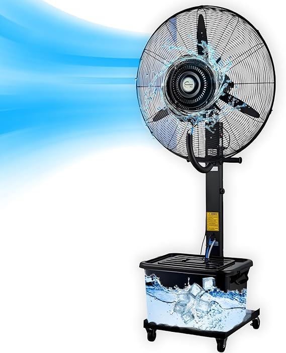 Industrial Pedestal Misting Fan, 42L Bucket 29" High Velocity Outdoor Cooling Fan, 90 Oscillating 3-Speed 4 Casters, Large Standing Mister Fans for Patio Shop Garage(29 inches)