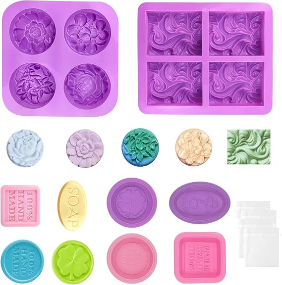 6Pcs Flower Homemade Soap Mould Set, Reusable Silicone with Storage Bags