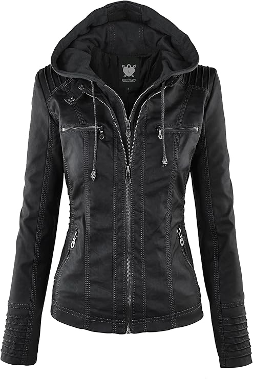 Lock and Love Women's Faux Leather Moto Biker Jacket Coat with Removable or Non-Removable Hood