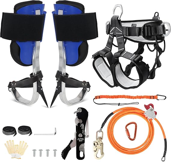 Tree Climbing Spikes Kit, Tree Climbing Gear with Climbing Belt, Wire Core Flip Line Kit with Triple Lock Lanyard Adjuster, Tool Lanyard and Climbing Stop Descender, Arborist Equipment Set