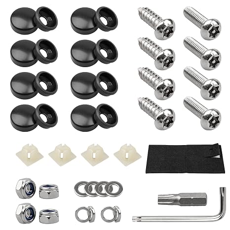 License Plate Screws Kits, Anti-Theft License Plate Bolts for Front and Rear Plates, Stainless Steel Security Bolts Kit with Nylon Inserts & Caps, Universal Fit for Most Motorcycles Cars Trucks SUVs