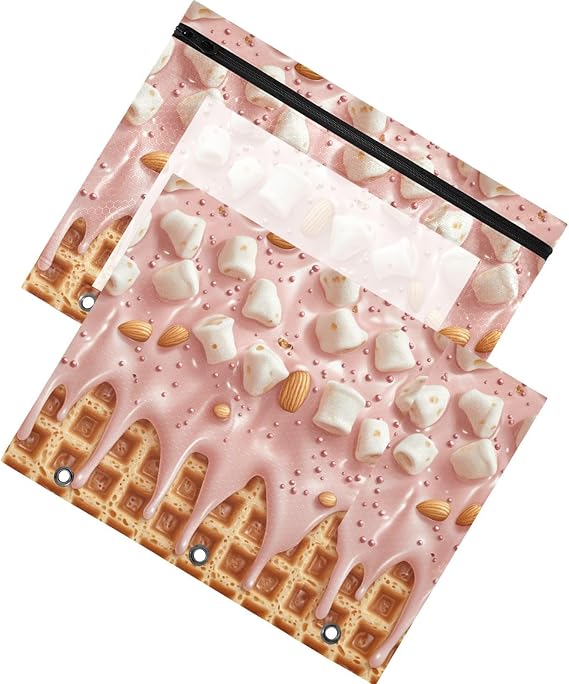 Boccsty Sprinkles Marshmallows Almond Nuts Glaze Caramel Ice Cream Binder Pouches Pencil Pouch 3 Hole Zipper Pen Case Bag Holder A4 Clear Window for Office School College Supplies