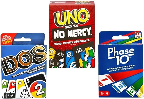 Mattel Uno No Mercy, Dos and Phase 10 Card Game, Combo Pack of 3