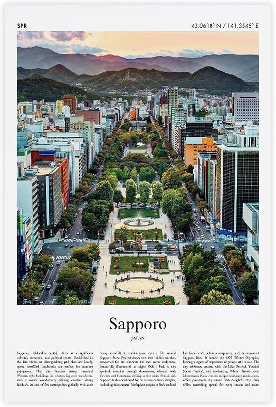 YFET Sapporo Color Print Sapporo Real Photo Poster Travel Poster Gift Japan Travel Minimal City Print Wall Art Landscape Living Room Office Bedroom Canvas Deco Painting Unframe 16x24inch