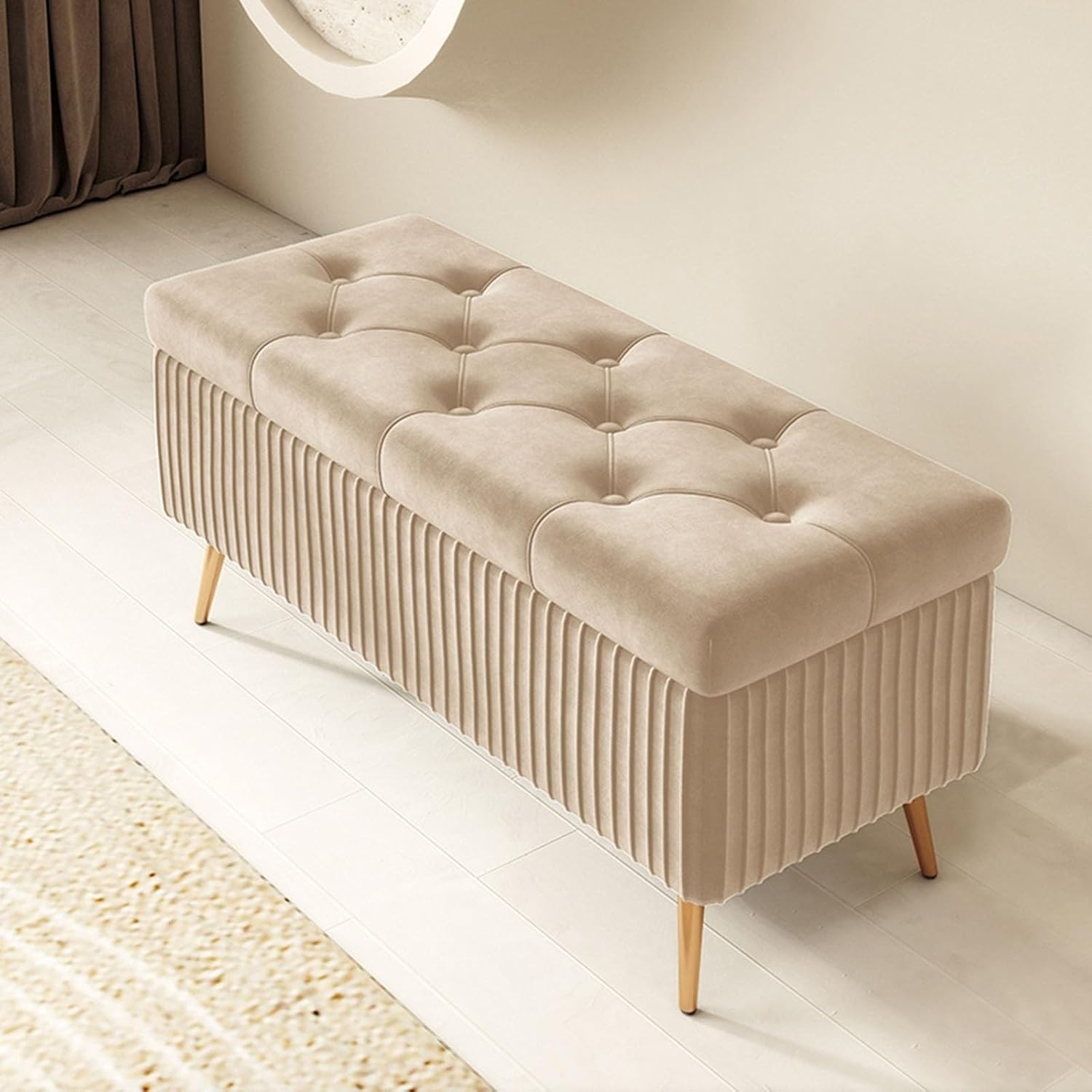 Storage Stool Modern Storage Ottoman Padded Fabric Storage Bench for Bedroom Bed Benches with Storage Space Oval Storage Bench for Entryway/Living Room (Beige 100 cm)