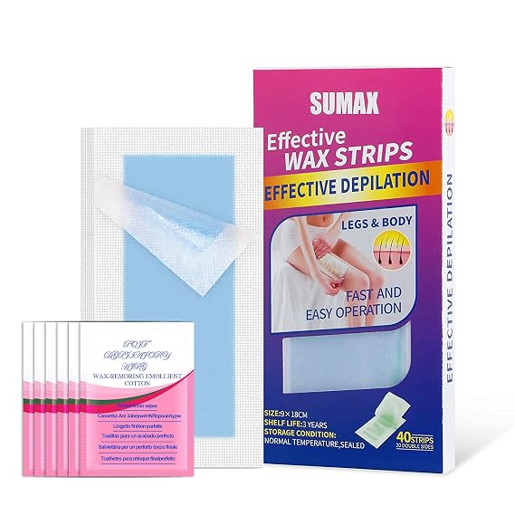 Sumax Wax Strips, 40 Strips Body Wax Strips for Women and Men, Wax Strips for Hair Removal, Waxing Kit for Women, Bikini Wax Kit for Women for All Skin Types (Blue)