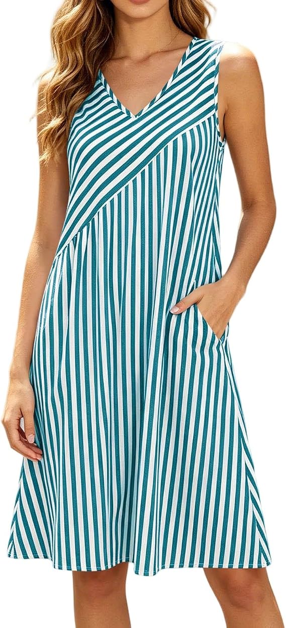 wodceeke Women Summer Midi Dress V-Neck Sleeveless Striped Sundress Ladies Casual A-Line Dresses with Pockets