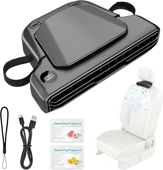 Premium Rechargeable Car Seatback Fan with Aromatherapy, Detachable Portable Car Headrest Fan for Kids Cooling with Hidden Stand, 5-Speed & LED Display, Carseat Fan for for Driver, Passenger, Baby&Dog