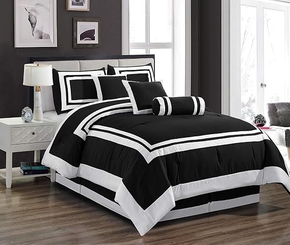 Chezmoi Collection Caprice 7-Piece Hotel Style Comforter Set - Black/White Square Pattern Modern Color Block Bedding with Decorative Pillows - Luxurious Lightweight All Season Bed Set, California King