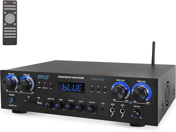 Pyle Amplifier 800W Bluetooth Verstärker – 4-Kanal Mini Amp mit MP3 USB AUX SD Mikrofon FM RCA Reverb/Delay – Stereo für Heimkino Studio & Theater 4-Eingang-Verstärkersystem