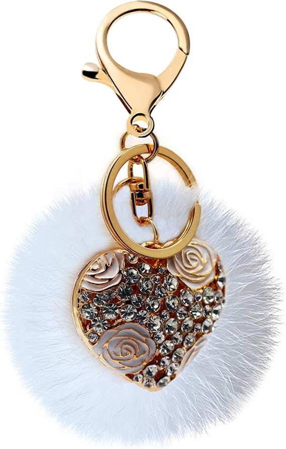 Uloveido White Fluffy Pom Pom Keyring Bling Rhinestone Apple Rose Heart Keychain Bag Charms