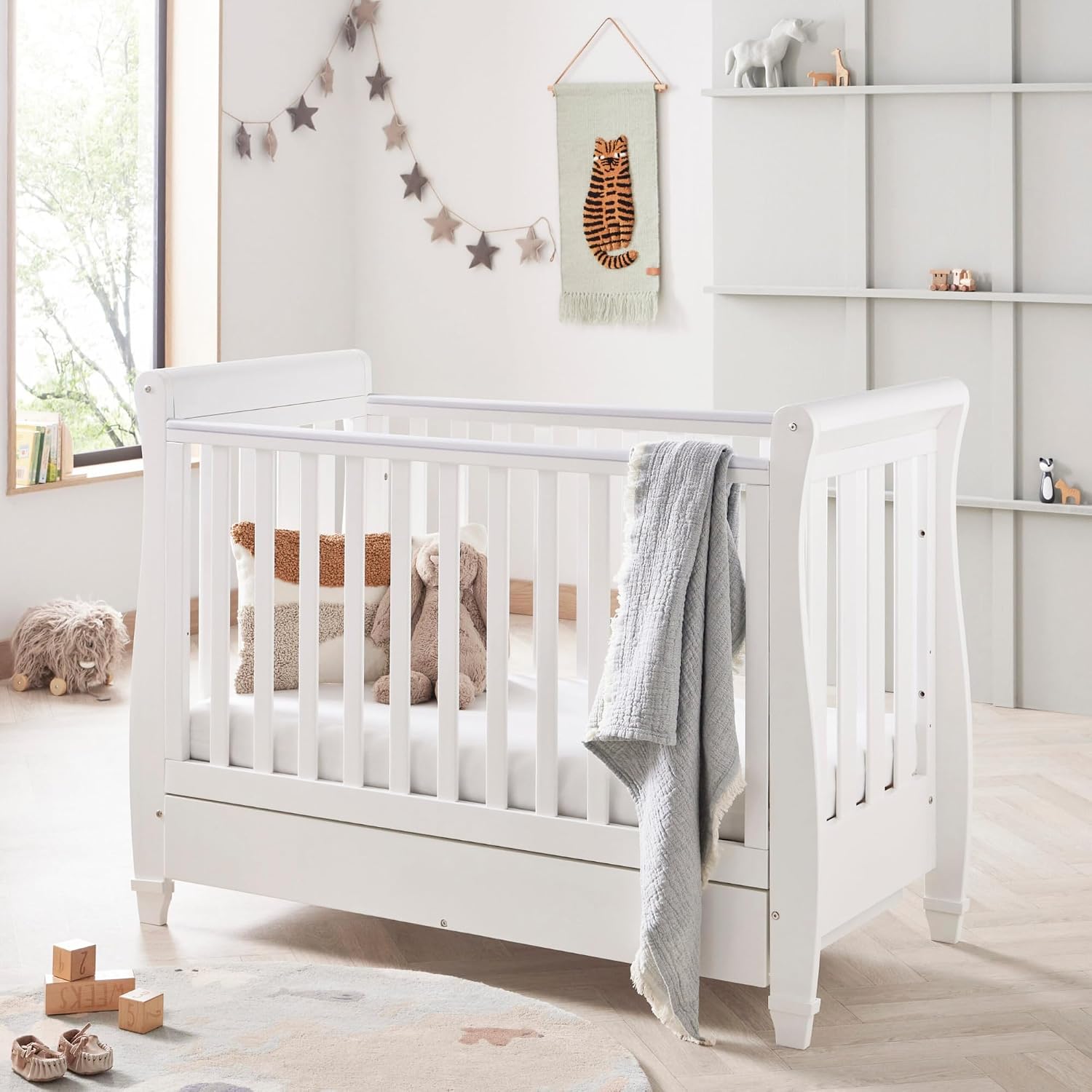 Babymore Eva Sleigh Cot Bed White - Drop Side Bed With Mattress Included, Baby Cot With Teething Rail & Drawer, Convertible to Toddler & Day Bed | 3 Adjustable Base Positions White