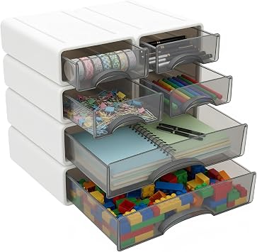 Desk Organizer with Drawer, Plastic Drawers Organizer with 2 Large+4 Small Stackable Organizer Case, Stackable Desktop Organizers for Office, School, Bathroom, Detachable Design (White)
