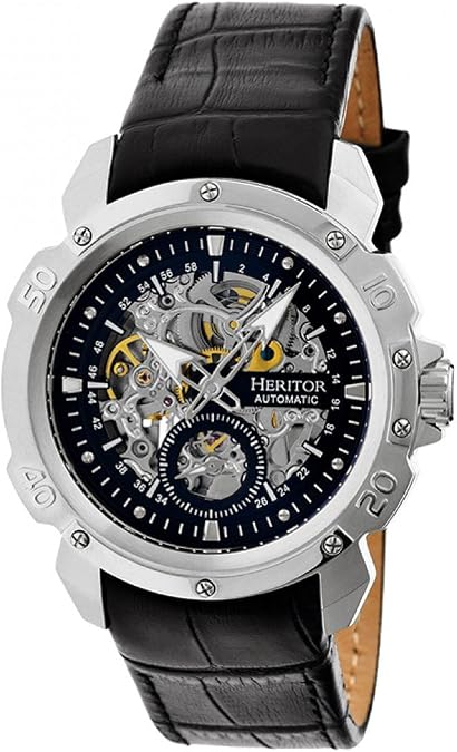 HERITOR Conrad Automatic Watch for Men 42mm Mens Skeleton Watch with Jeweled Automatic Movement, 316L Stainless Steel Case, Croc Leather Strap, Sapphire-Coated Mineral Crystal
