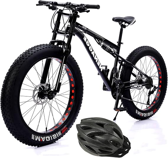 Adults Fat Tire Mountain Bike 26 inch Full Suspension Mountain Bike 27 Speed for Men Women, Heavy Riders All Terrain MTB Carbon Steel Trail Snow Bicycle with Dual Disc Brake,Black