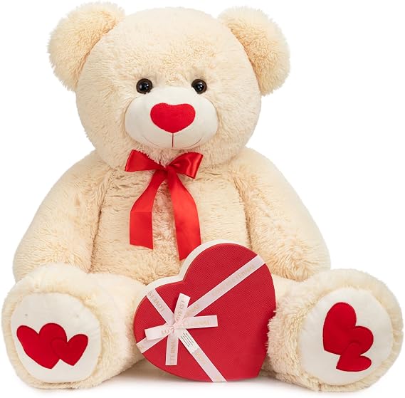 HollyHOME Big Teddy Bear Stuffed Animal Large Bear Plush with Red Heart for Girlfriend and Kids Holiday Toy Gift 36 inch Beige