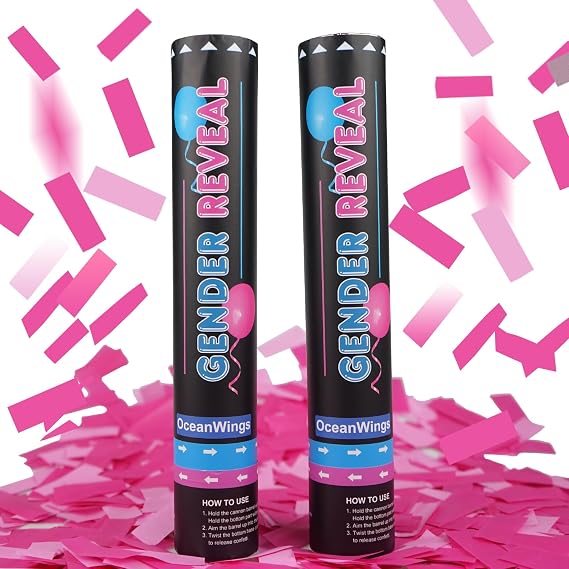 Gender Reveal Pink Confetti Cannon, Biodegradable Party Poppers for Girl 2 Pack