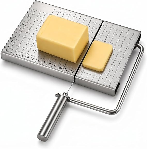 Cheese Slicer Board with Wire, Stainless Steel Cheese Cutter with Measuring Grid, Adjustable Thickness for Cheese & Butter, Includes 5 Replacement Wires