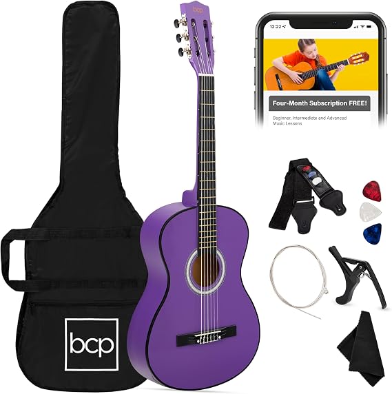 Best Choice Products 38in Beginner All Wood Acoustic Guitar Starter Kit w/Gig Bag, 6 Picks, Nylon Strings, Strap w/Pick Holder - Purple