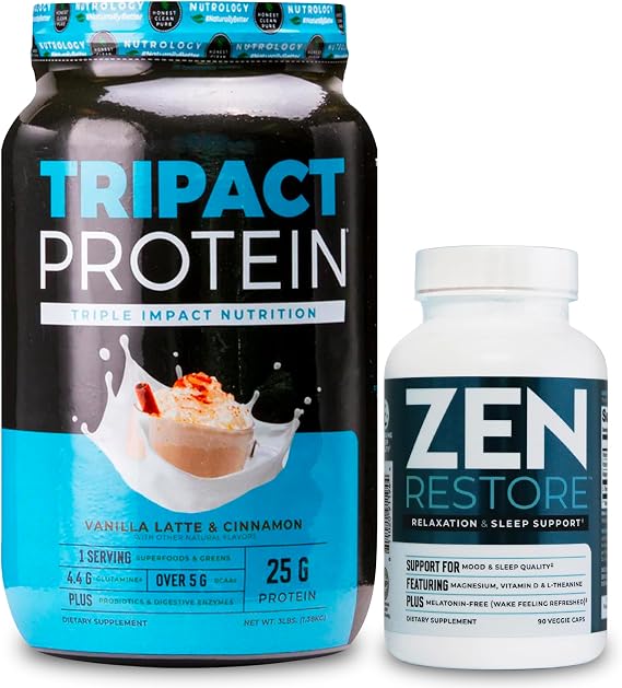 Nutrology TRIPACT Protein Powder, 7-in-1 Meal Replacement Shake, Vanilla Latte Cinnamon Flavor (40 Servings) Zen Natural Magnesium Supplement (30 Servings)