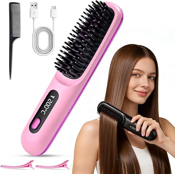 Go Brush Pro Cordless Hair Straightener Brush, Portable Straightener Brushs for Travel, Fast Heating Cordless Mini Hair Brushs with LED Display,