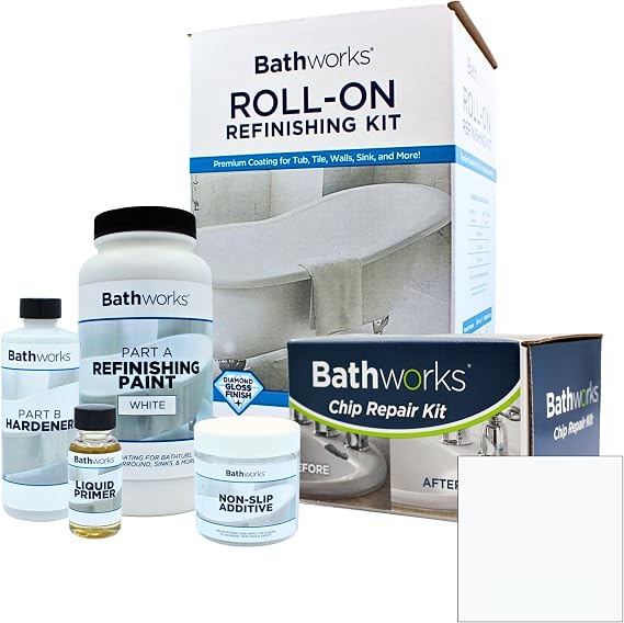 Bathworks DIY Bathtub Refinishing Combo Kit White Includes Tub & Tile Coating, Chip Repair Filler, and Non-Slip Additive For Bathtubs, Tile, Showers & Wall Surrounds High Gloss Finish, 24-Hour Dry Time